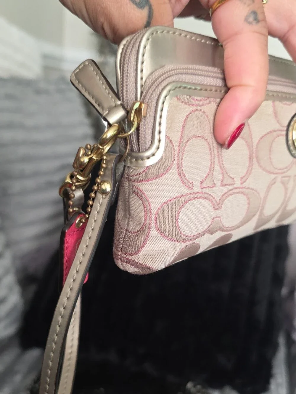 COACH Pink Signature Wristlet Clutch with Metallic Trim